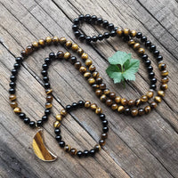 Collier Mala "Lune Protectrice" en Onyx & Oeil de Tigre - Set : Collier Mala + Bracelet - L'Arbre des Chakras