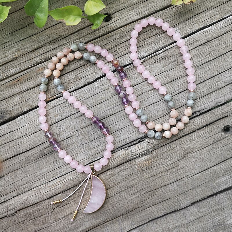 Collier Mala "Lune Rose" en Super 7, Pierre de Soleil, Quartz Rose & Labradorite -  - L'Arbre des Chakras