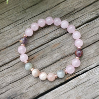 Collier Mala "Lune Rose" en Super 7, Pierre de Soleil, Quartz Rose & Labradorite -  - L'Arbre des Chakras