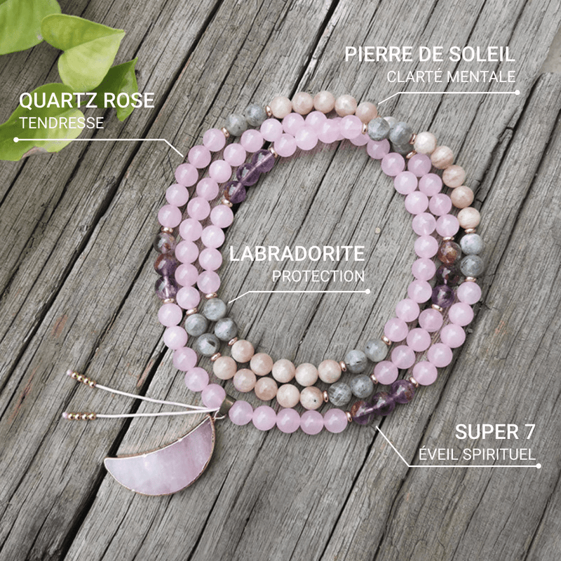 Collier Mala "Lune Rose" en Super 7, Pierre de Soleil, Quartz Rose & Labradorite -  - L'Arbre des Chakras