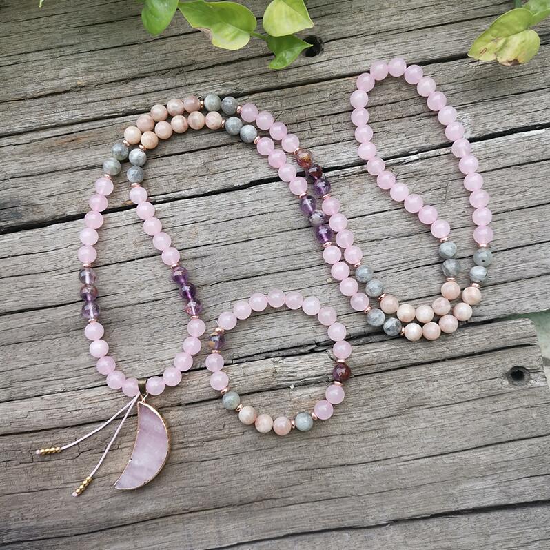 Collier Mala "Lune Rose" en Super 7, Pierre de Soleil, Quartz Rose & Labradorite - Mala + Bracelet - L'Arbre des Chakras