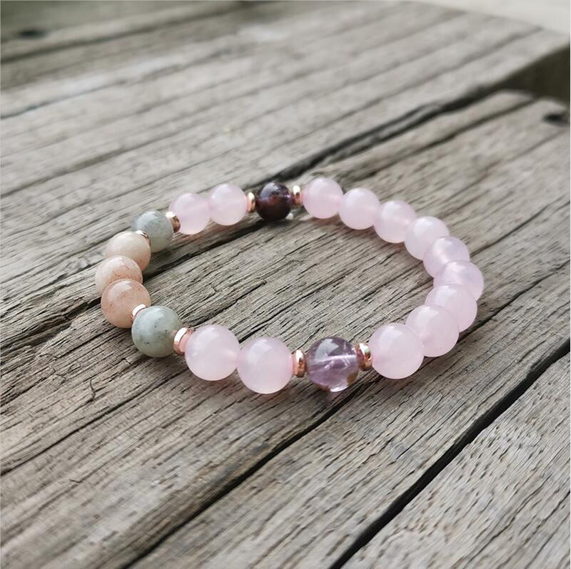 Collier Mala "Lune Rose" en Super 7, Pierre de Soleil, Quartz Rose & Labradorite -  - L'Arbre des Chakras