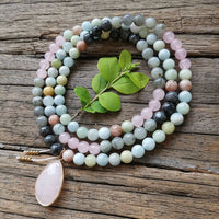 Collier Mala Premium "Sérénité de l'Esprit" en Labradorite, Aigue-Marine & Quartz Rose -  - L'Arbre des Chakras