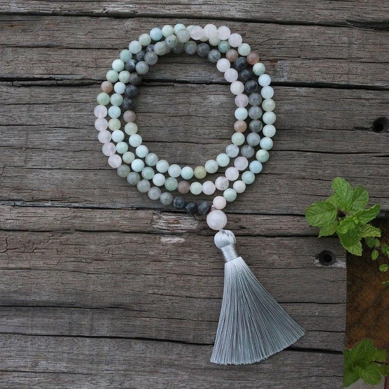 Collier Mala Premium "Sérénité de l'Esprit" en Labradorite, Aigue-Marine & Quartz Rose -  - L'Arbre des Chakras