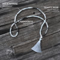 Collier Mala Premium "Sérénité de l'Esprit" en Labradorite, Aigue-Marine & Quartz Rose -  - L'Arbre des Chakras