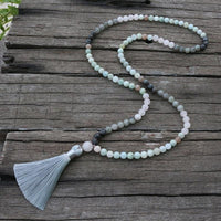 Collier Mala Premium "Sérénité de l'Esprit" en Labradorite, Aigue-Marine & Quartz Rose - Pompon - L'Arbre des Chakras