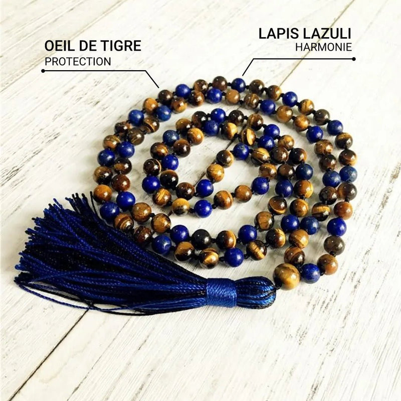 Collier Mala "Protection & Communication" en Lapis Lazuli & Oeil de Tigre -  - L'Arbre des Chakras