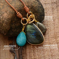 Collier Pendentif "Trio Sacré" en Amazonite, Labradorite & Pyrite -  - L'Arbre des Chakras