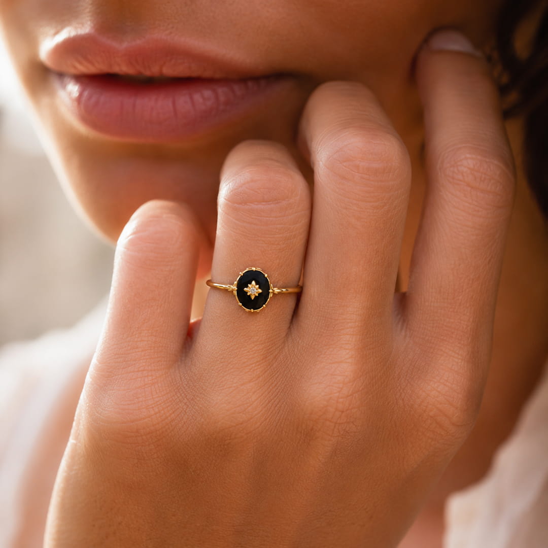 Bague Ajustable "Charme Nocturne" en Agate Noire - - L'Arbre des Chakras