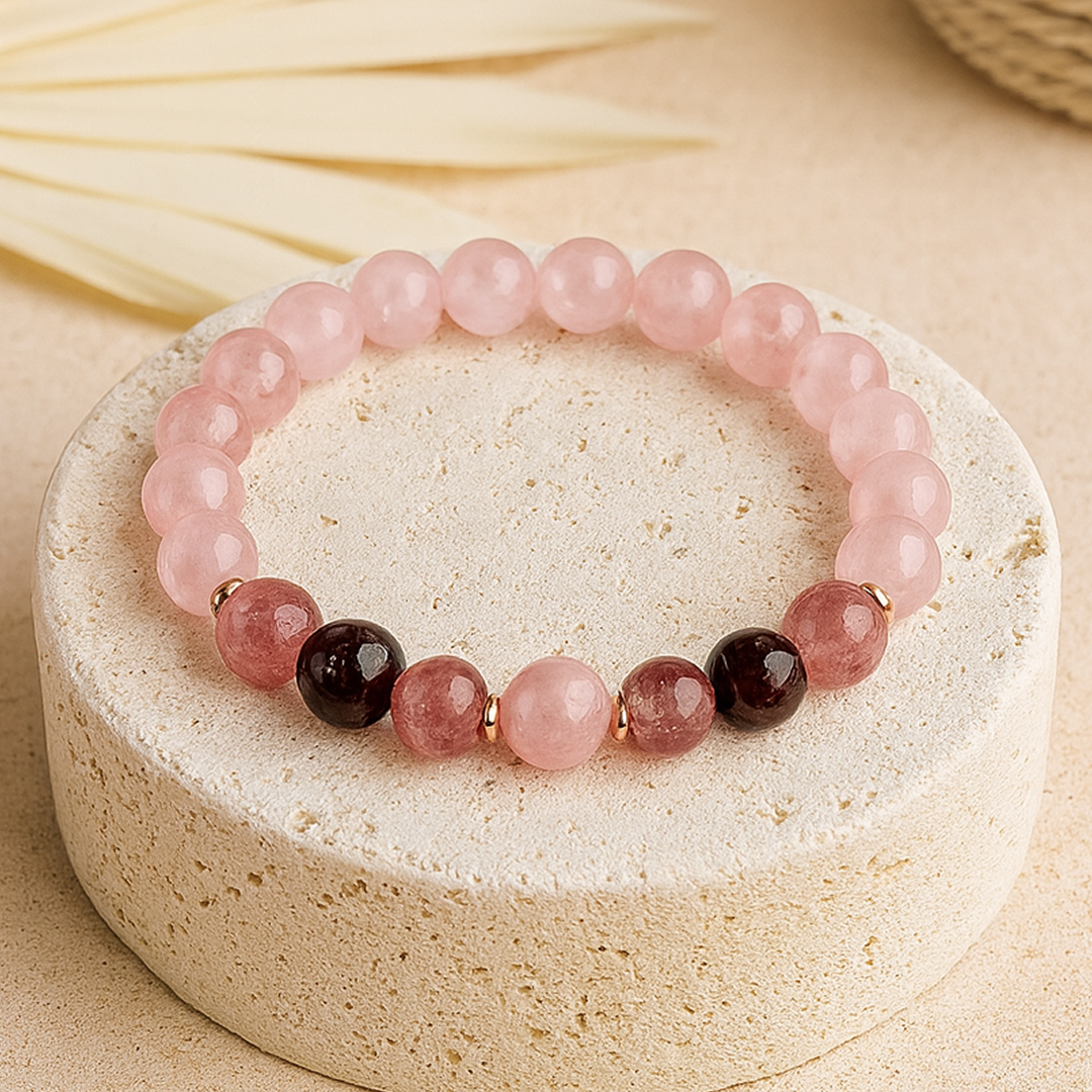 Bracelet "Amour Infini" en Quartz Rose, Grenat & Quartz Fraise - - L'Arbre des Chakras