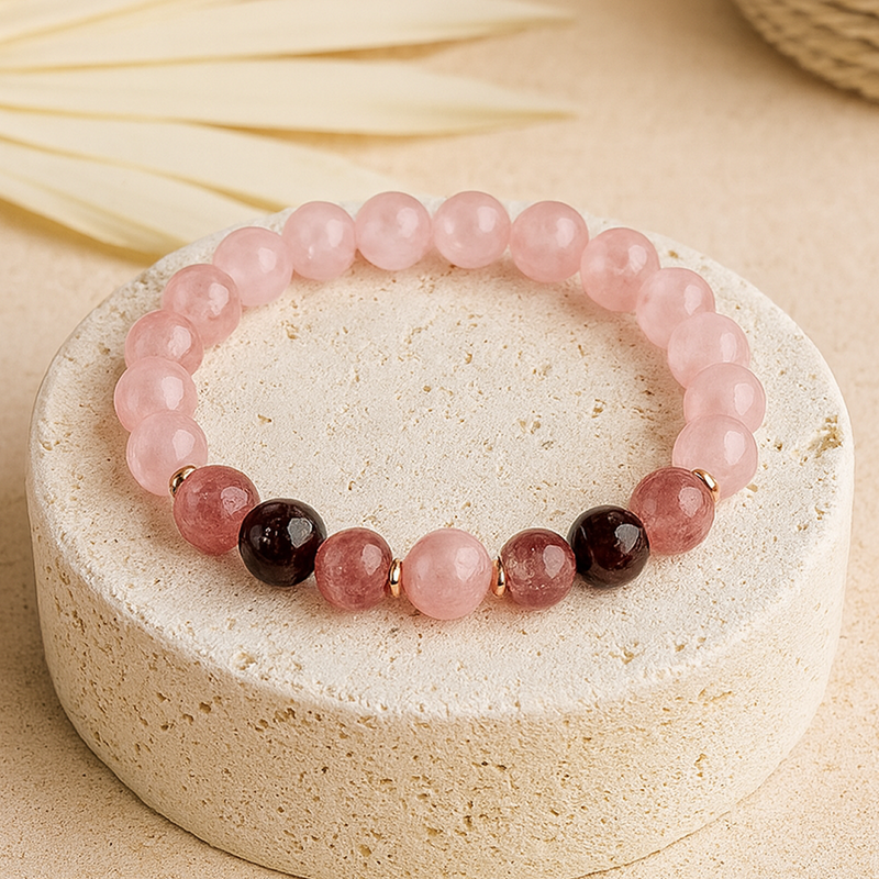 Bracelet "Amour Infini" en Quartz Rose, Grenat & Quartz Fraise - - L'Arbre des Chakras