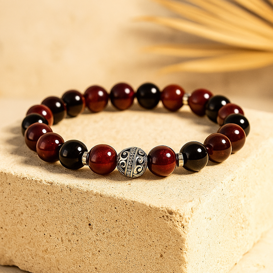 Bracelet Premium "Flamme Ardente" en Grenat, Œil de Taureau & Obsidienne noire - - L'Arbre des Chakras