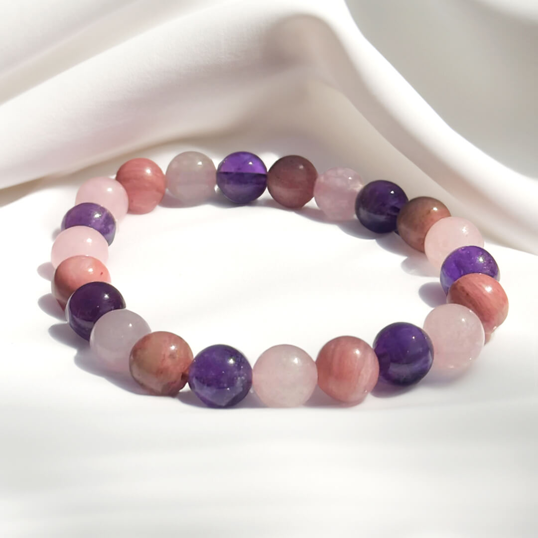 Bracelet "Amour de Soi" en Rhodonite, Quartz Rose & Améthyste - 17cm - L'Arbre des Chakras