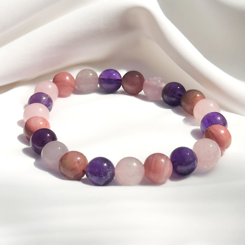 Bracelet "Amour de Soi" en Rhodonite, Quartz Rose & Améthyste - 17cm - L'Arbre des Chakras