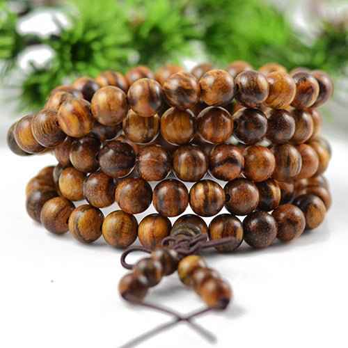 Mala Bouddhiste en Bois Naturel - Fleur de Qi Nan - 6mm - L&#39;Arbre des Chakras