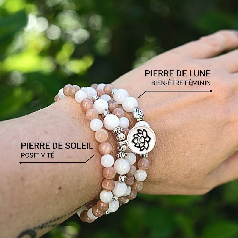 Bracelet Mala "Bonheur Féminin" en Pierre de Lune & de Soleil -  - L'Arbre des Chakras