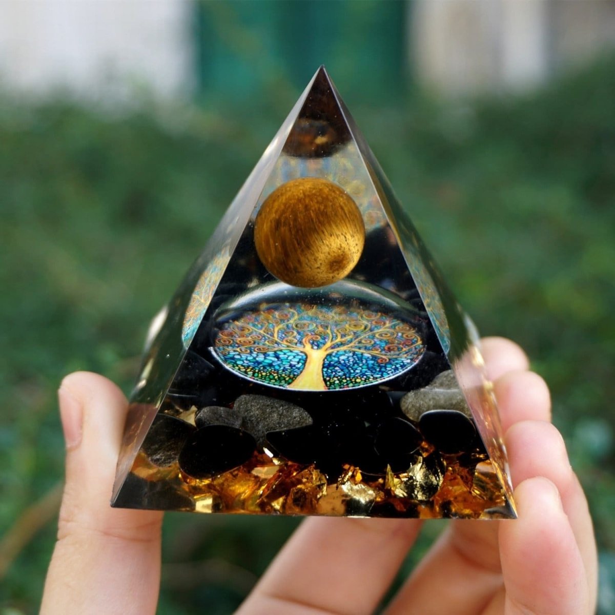 Orgonite "Arbre de Vie Renaissant" en Oeil de Tigre & Obsidienne -  - L'Arbre des Chakras