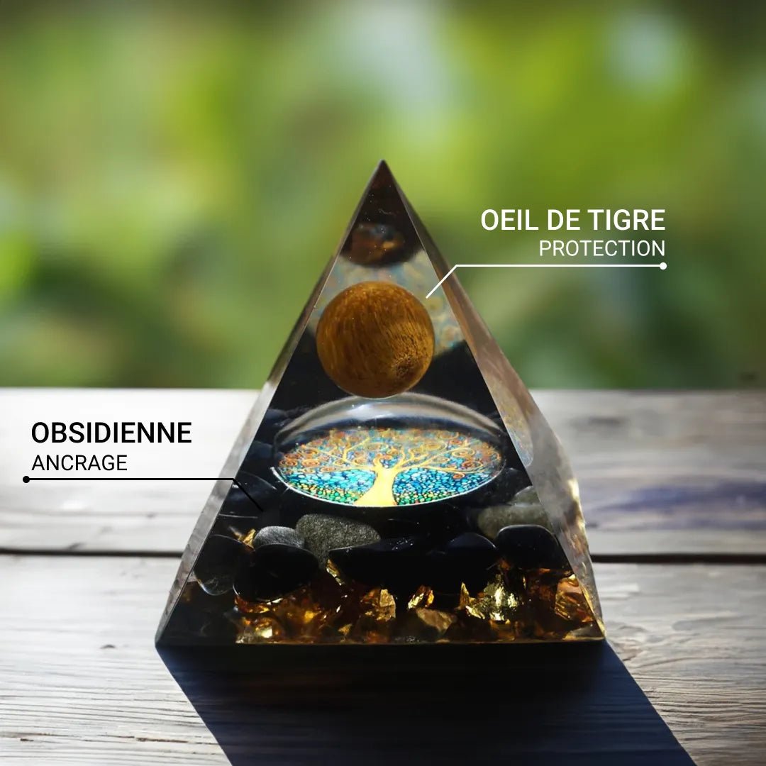 Orgonite "Arbre de Vie Renaissant" en Oeil de Tigre & Obsidienne -  - L'Arbre des Chakras
