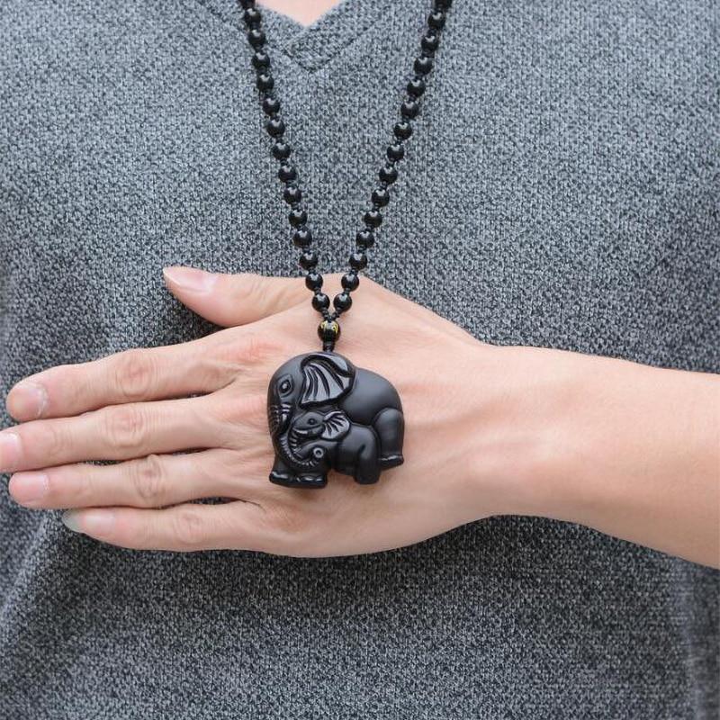 Pendentif "Éléphant" en Obsidienne Noire - Chaîne en perles d'obsidienne - L'Arbre des Chakras