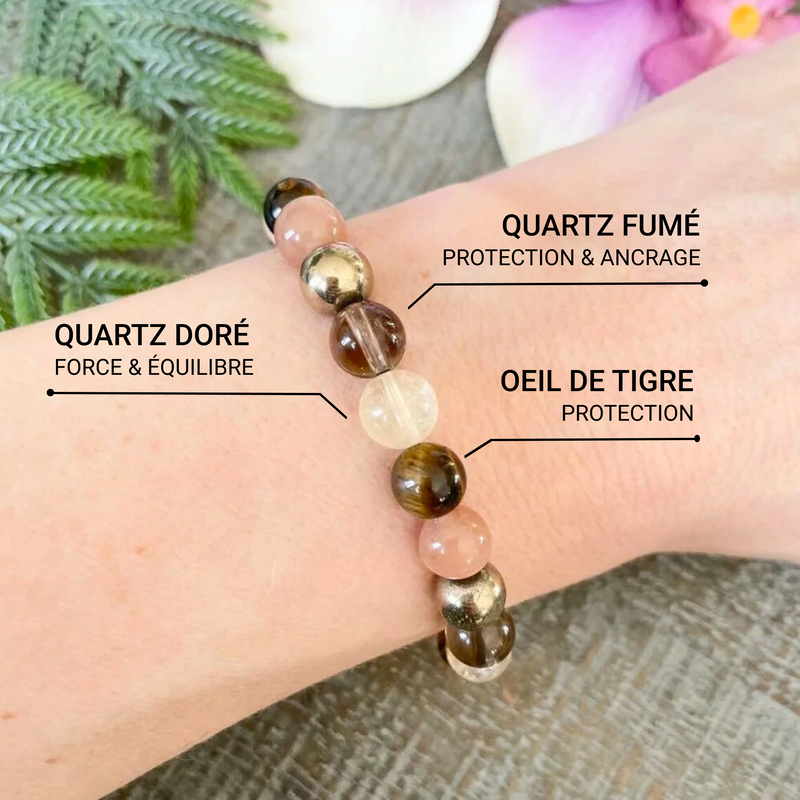 Bracelet "Énergie Solaire" en Quartz Fumé, Oeil de Tigre & Quartz Rutile Doré -  - L'Arbre des Chakras