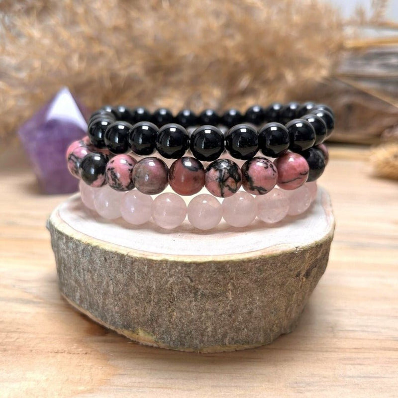 Trio de Bracelets &quot;Paix &amp; Équilibre&quot; en Onyx, Quartz Rose &amp; Rhodonite -  - L&#39;Arbre des Chakras