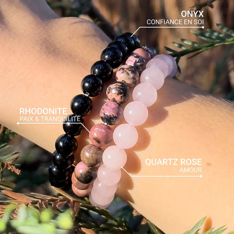 Trio de Bracelets &quot;Paix &amp; Équilibre&quot; en Onyx, Quartz Rose &amp; Rhodonite -  - L&#39;Arbre des Chakras