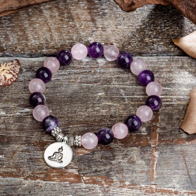 Bracelet "Amour & Spiritualité" en Améthyste & Quartz Rose - Bouddha / 17cm - L'Arbre des Chakras