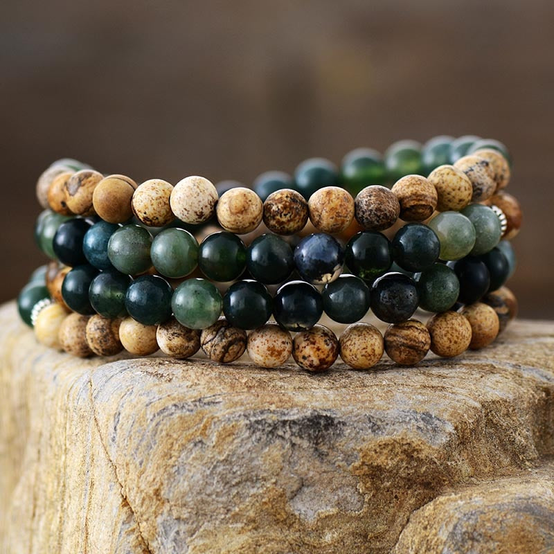 Bracelet Mala "Gaia" en Agate Mousse & Jaspe Paysage -  - L'Arbre des Chakras