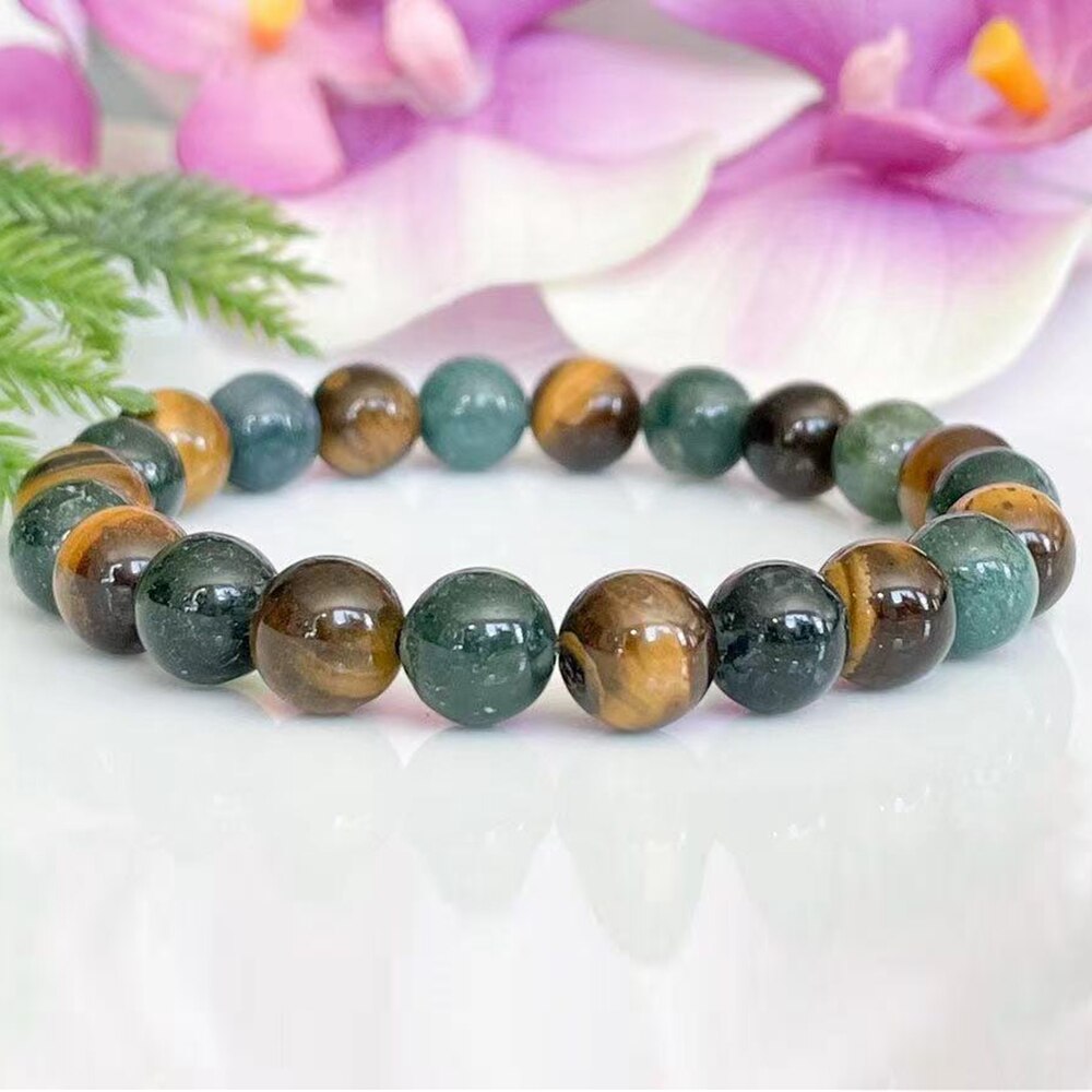 Bracelet "Équilibre & Protection" en Oeil de Tigre & Agate Mousse - 17cm - L'Arbre des Chakras