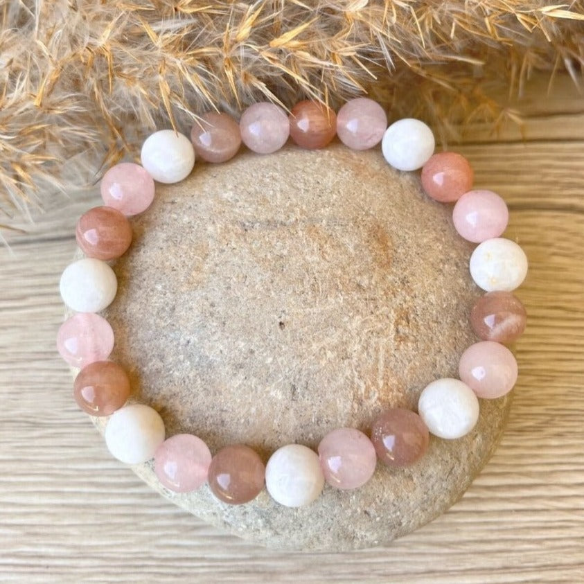 Bracelet "Vénus" en Pierre de Soleil, Quartz Rose & Pierre de Lune - 17 cm - L'Arbre des Chakras