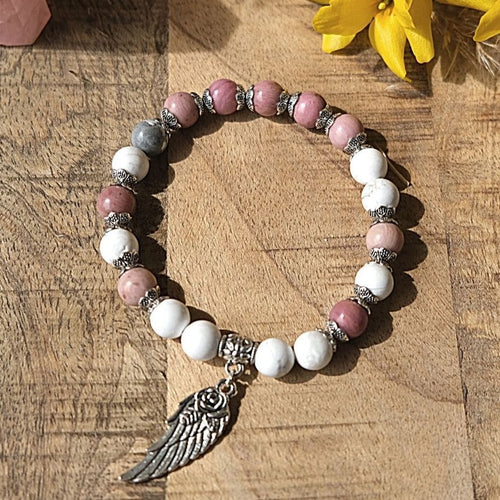 Bracelet "Aile d'Ange" en Pierres Naturelles - Howlite - Rhodochrosite / 17cm - L'Arbre des Chakras