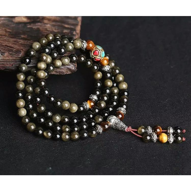 Bracelet Mala &quot;Bouddhiste&quot; en Obsidienne Noire &amp; Dorée -  - L&#39;Arbre des Chakras