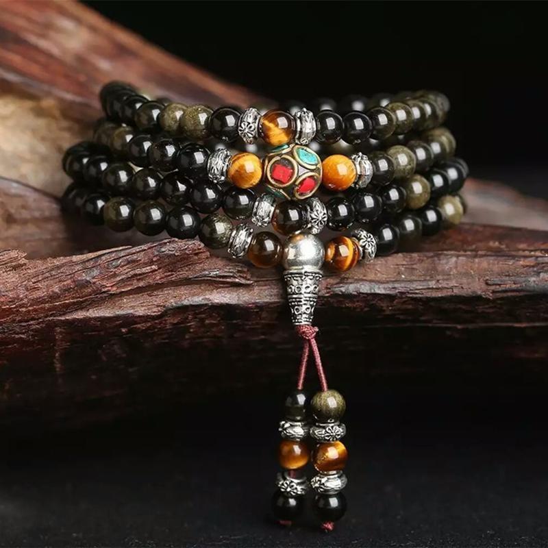 Bracelet Mala "Bouddhiste" en Obsidienne Noire & Dorée -  - L'Arbre des Chakras