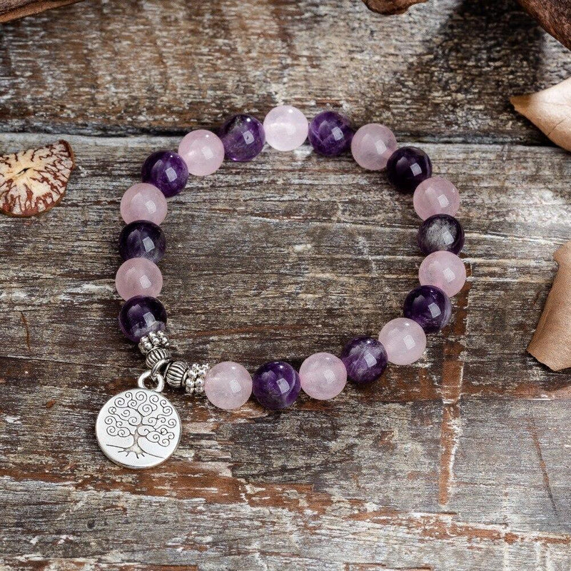 Bracelet "Amour & Spiritualité" en Améthyste & Quartz Rose - Arbre de Vie / 17cm - L'Arbre des Chakras