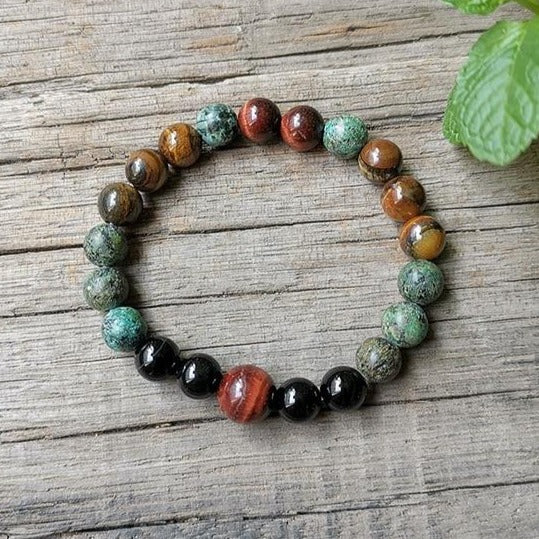 Bracelet "Énergies Protectrices" en Oeil de Tigre, Oeil de Taureau & Turquoise Africaine - - L'Arbre des Chakras